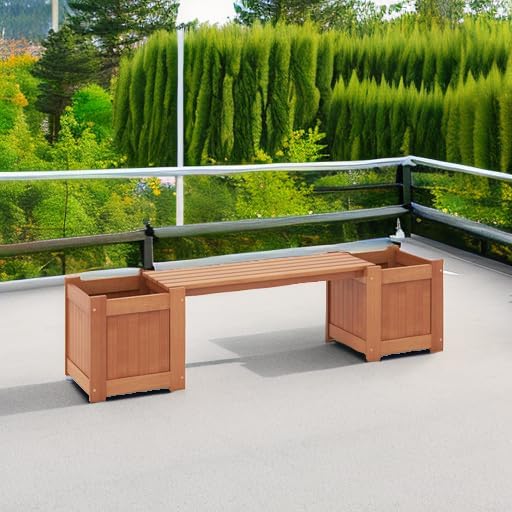 Wood Patio Bench Dual Built-In Garden Planter Boxes