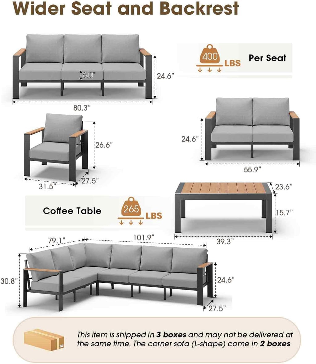 6 Seat Aluminum Patio Sofa Waterproof Cushion Table Set