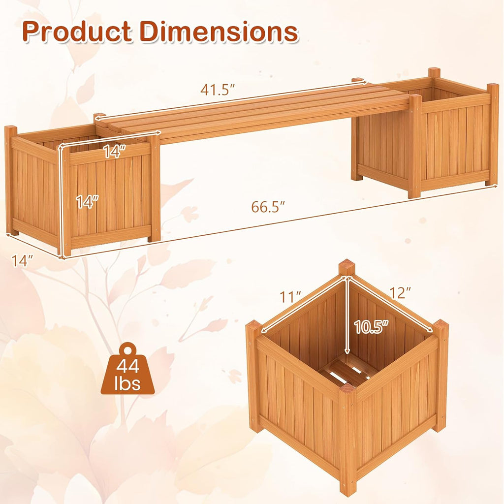 Wood Patio Bench Dual Built-In Garden Planter Boxes