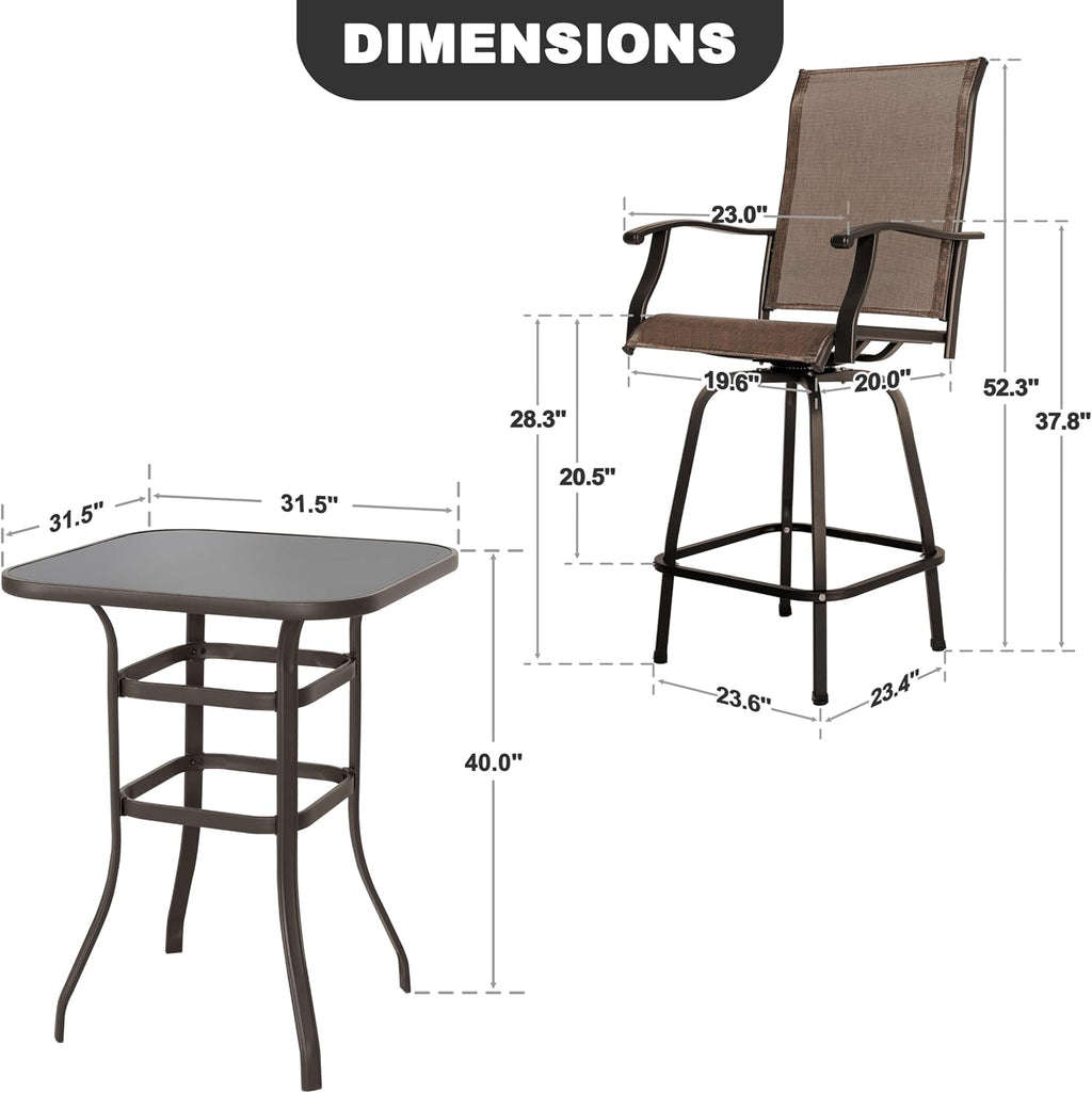 Patio Bar Set Glass Table Swivel Chairs
