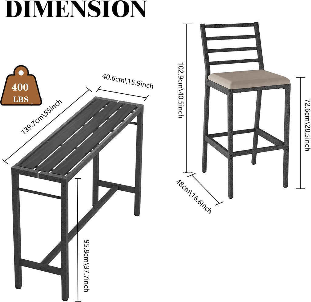 Metal Patio Bar Table Cushioned Stools