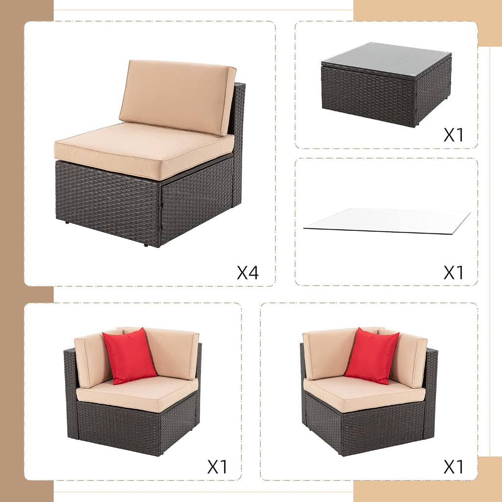 7 Piece PE Wicker Patio Sofa Ottoman Table Cushion Set