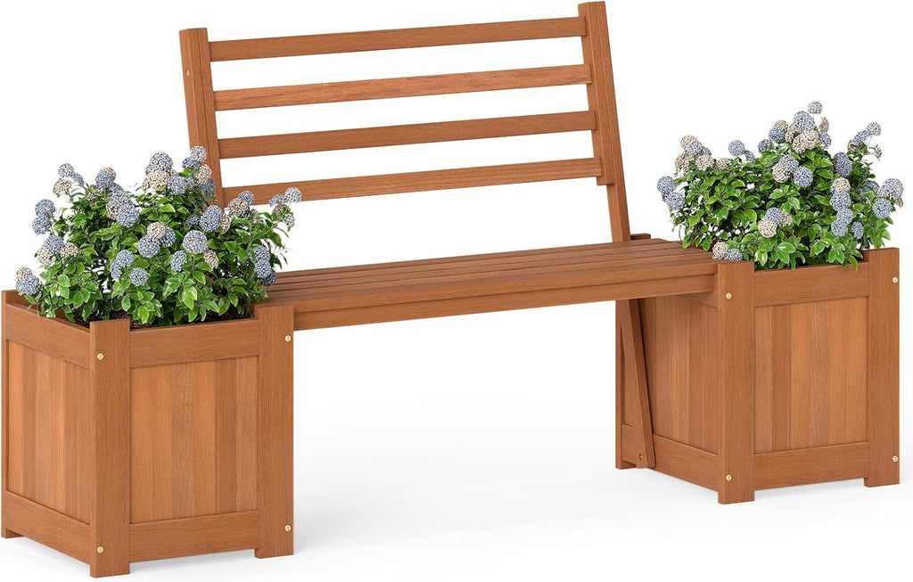 Teak Wood Patio Bench Dual Garden Planter Beds Seat