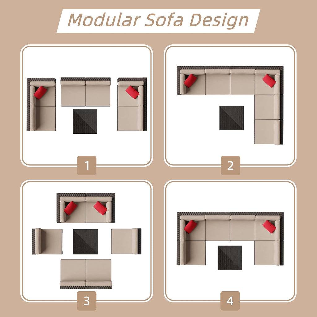 7 Piece PE Wicker Patio Sofa Ottoman Table Cushion Set