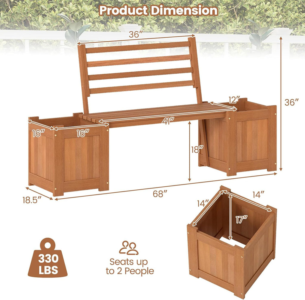 Two-In-One Wood Patio Bench Garden Planter Beds Seat