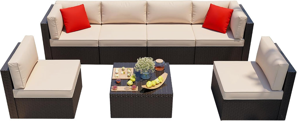 7 Piece PE Wicker Patio Sofa Ottoman Table Cushion Set