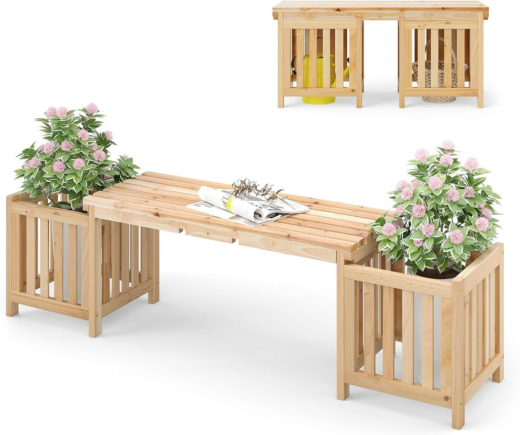 Wooden Two Person Patio Bench Side Planter Flower Box