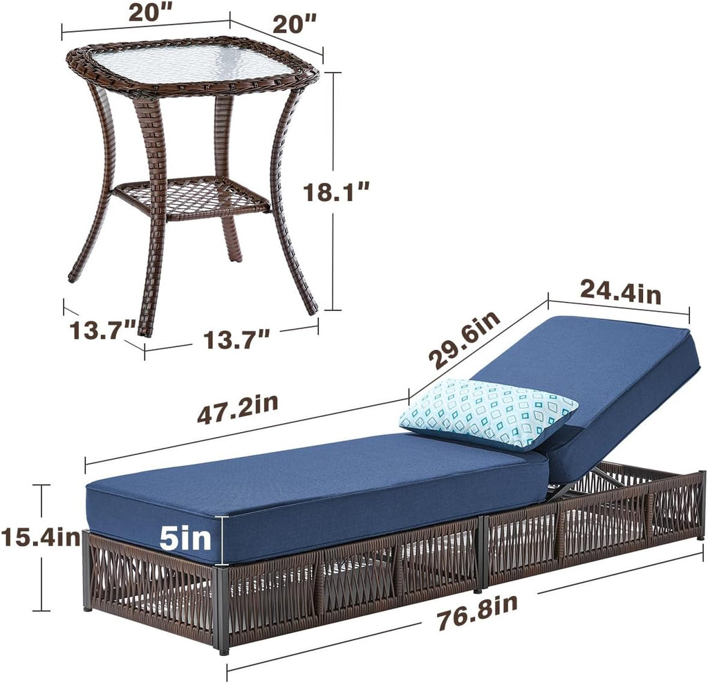 Two Wicker Patio Chaise Lounge Table Cushion Set