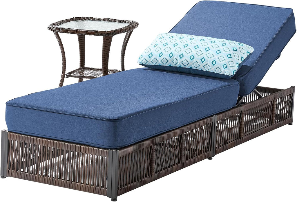 Two Wicker Patio Chaise Lounge Table Cushion Set