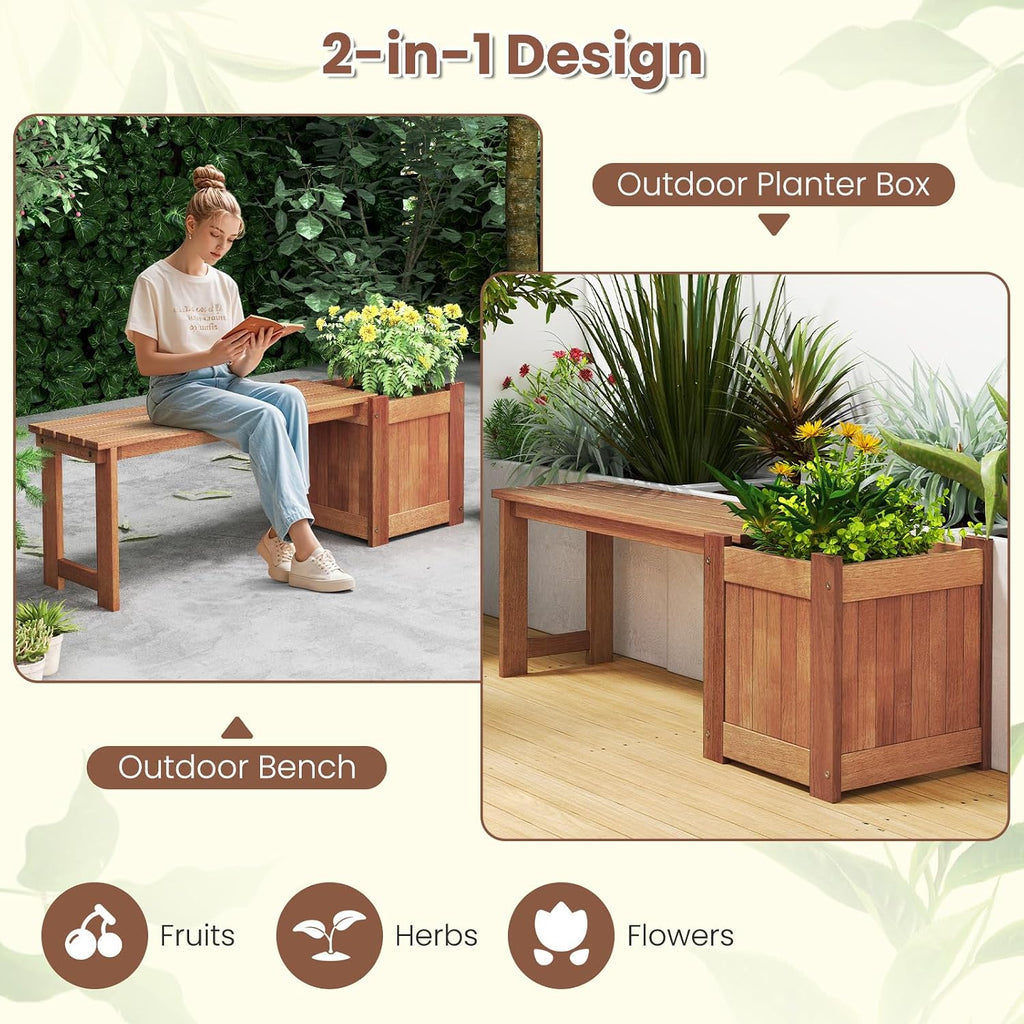 Two-In-One Wooden Bench Raised Garden Planter Seat
