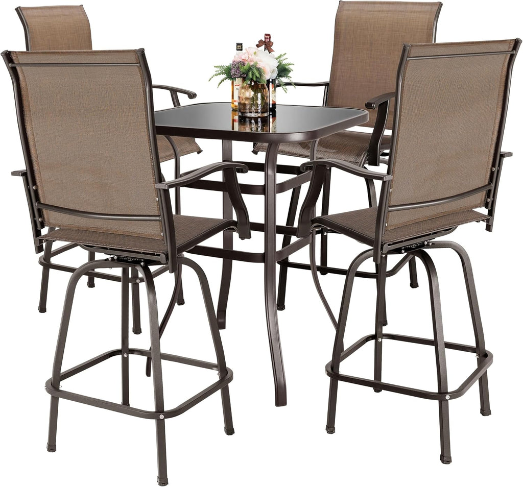 Patio Bar Set Glass Table Swivel Chairs