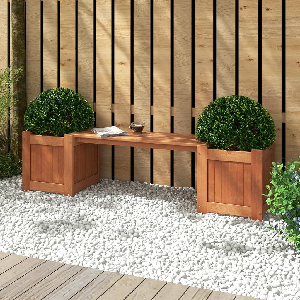 Wood Patio Bench Dual Built-In Garden Planter Boxes