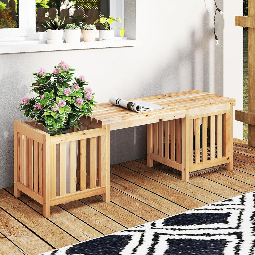Wooden Two Person Patio Bench Side Planter Flower Box