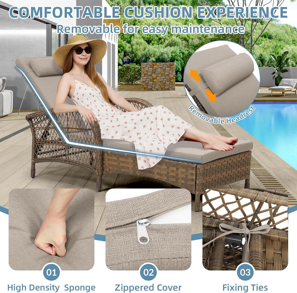 PE Wicker Adjustable Patio Chaise Cushion Pillow Lounger