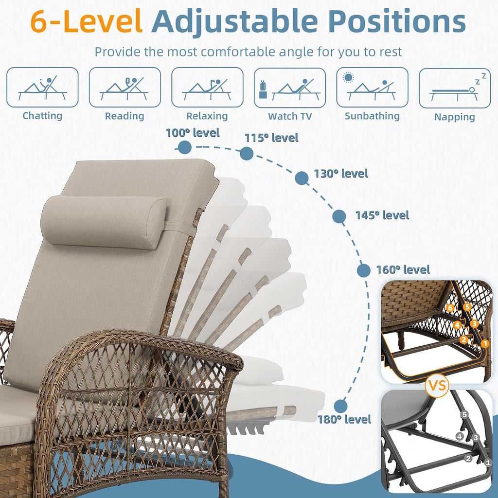 PE Wicker Adjustable Patio Chaise Cushion Pillow Lounger
