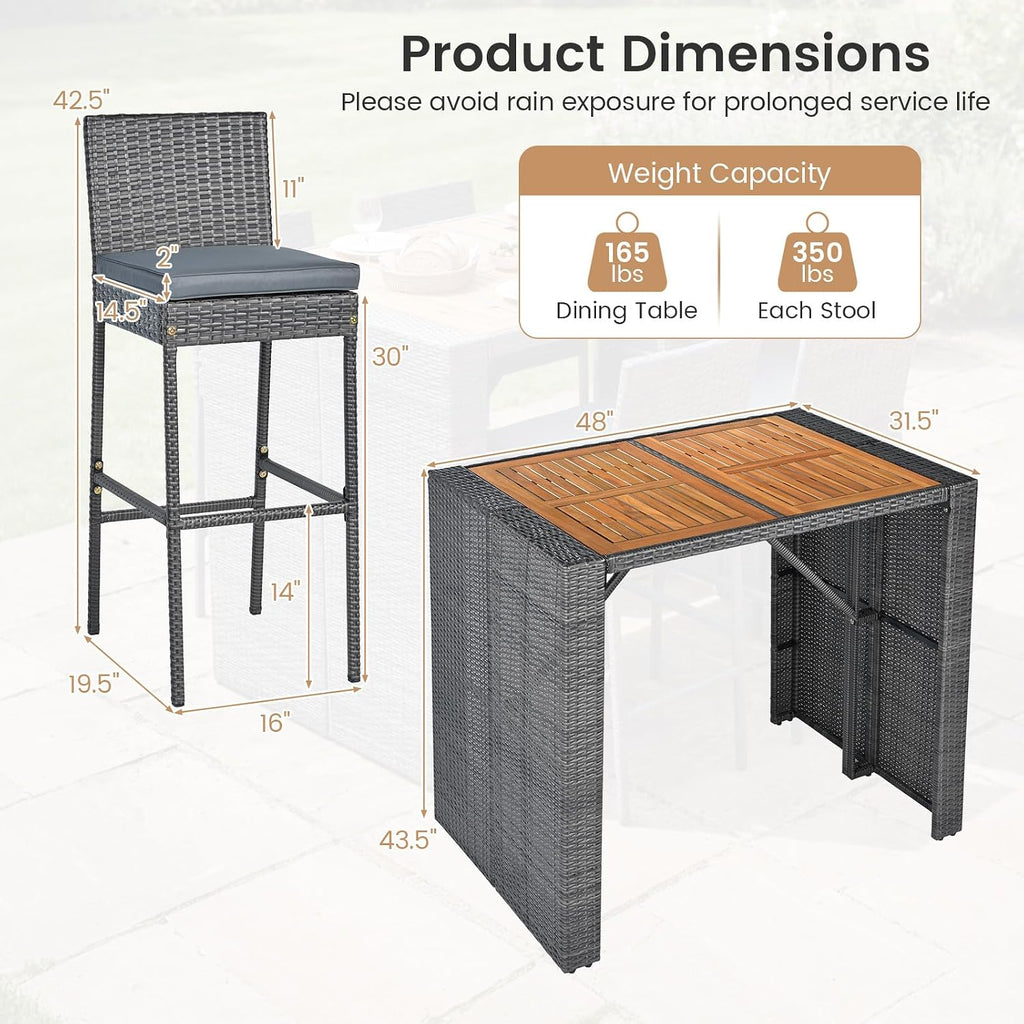 Rattan Patio Bar Table Cushioned Stools