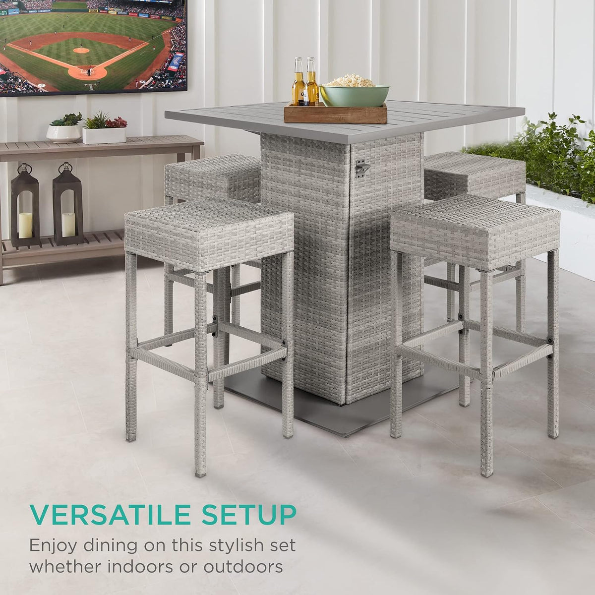 Wicker Patio Bar Table Storage Stools