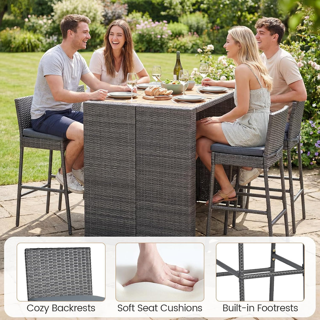 Rattan Patio Bar Table Cushioned Stools