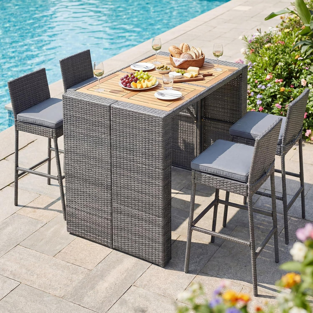 Rattan Patio Bar Table Cushioned Stools