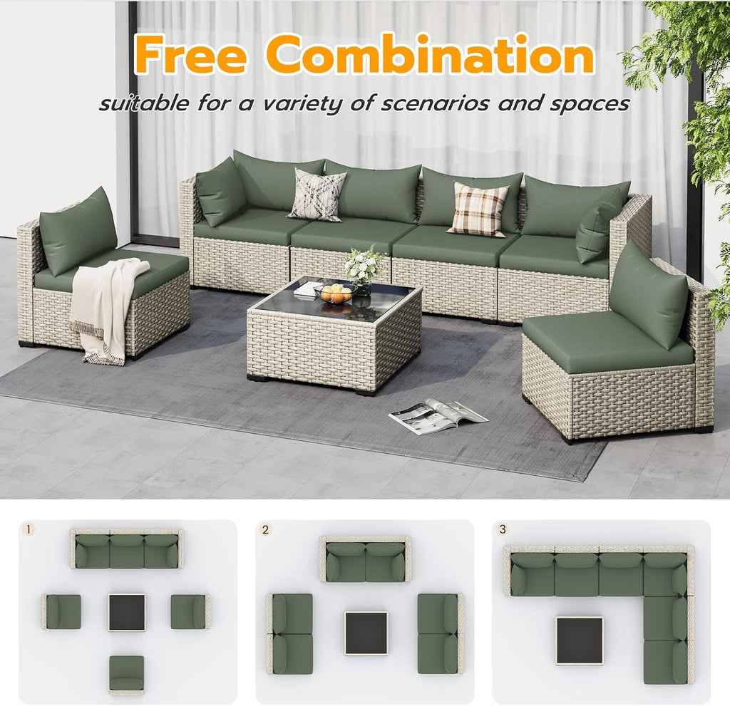 7 Piece PE Wicker Patio Sectional Sofa Cushion Set