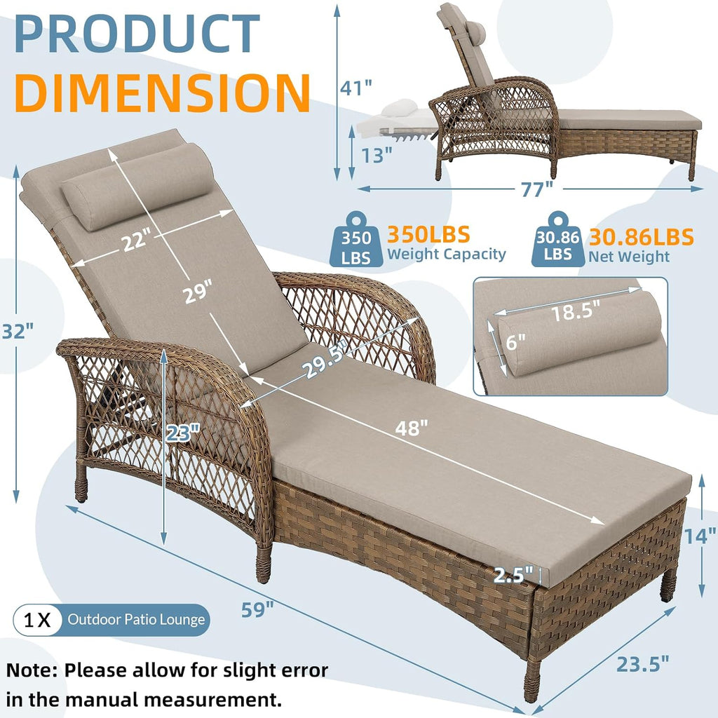 PE Wicker Adjustable Patio Chaise Cushion Pillow Lounger