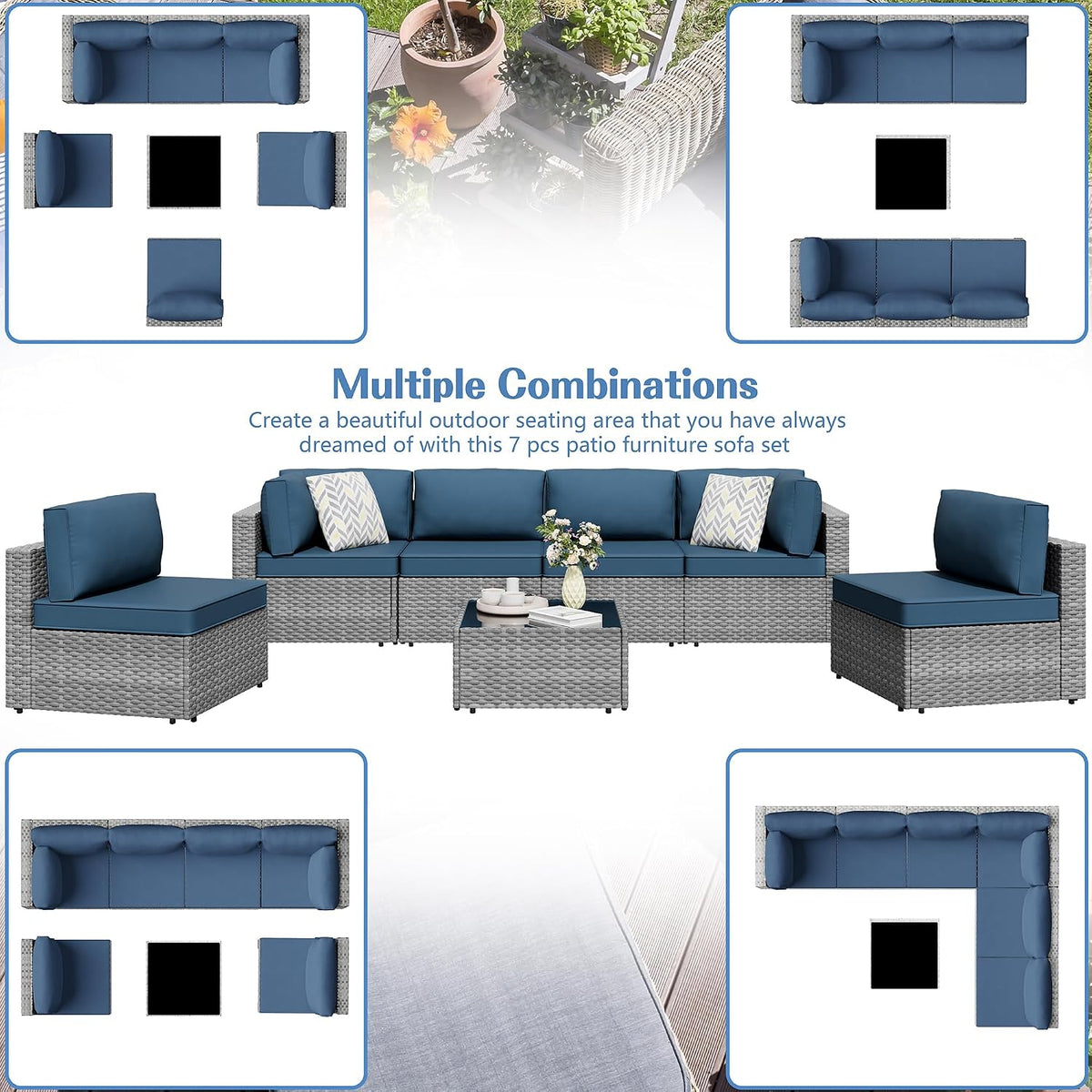 Rattan Patio Sofa Glass Coffee Table