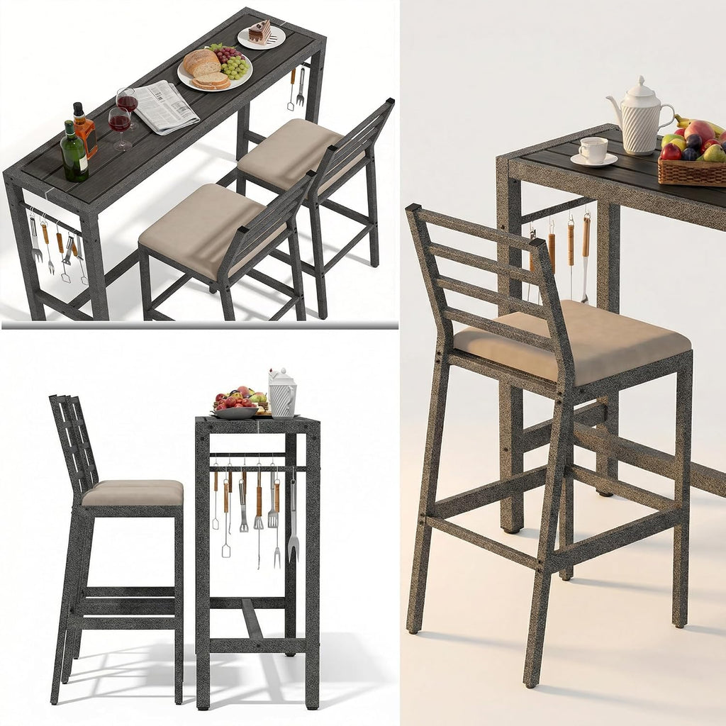 Metal Patio Bar Table Cushioned Stools