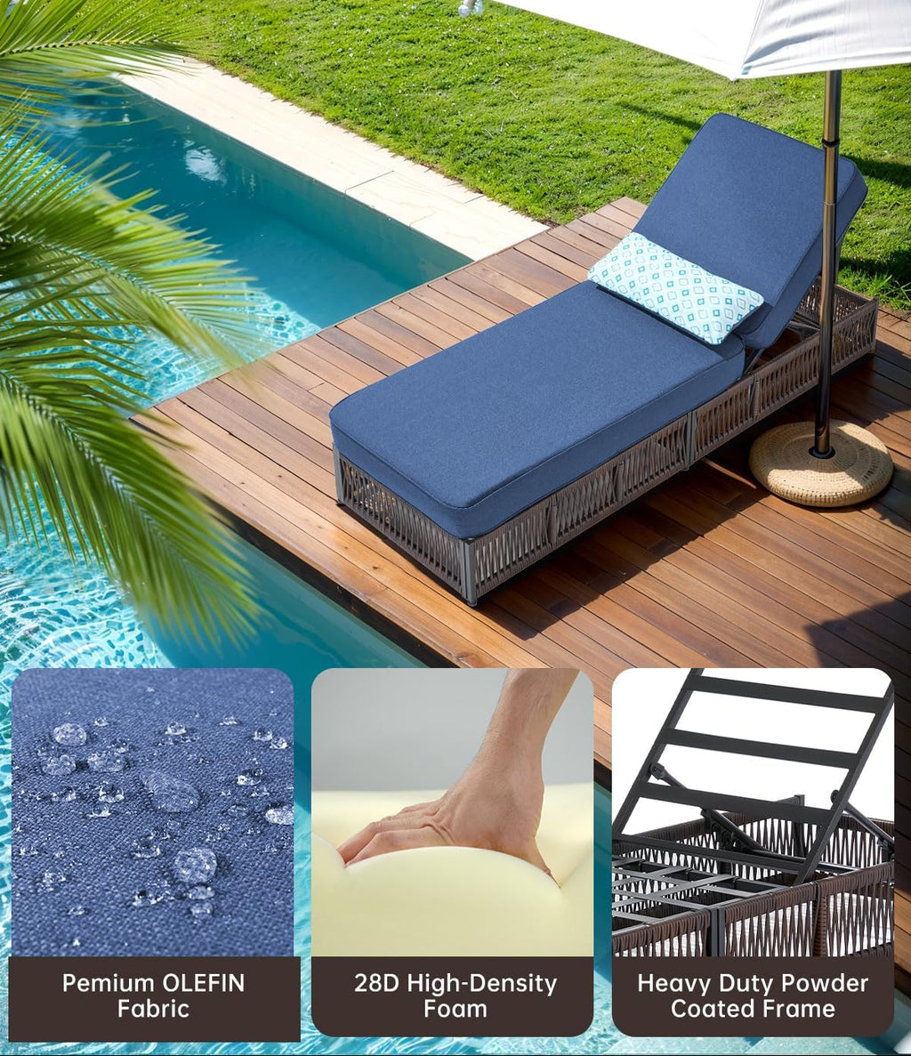 Two Wicker Patio Chaise Lounge Table Cushion Set