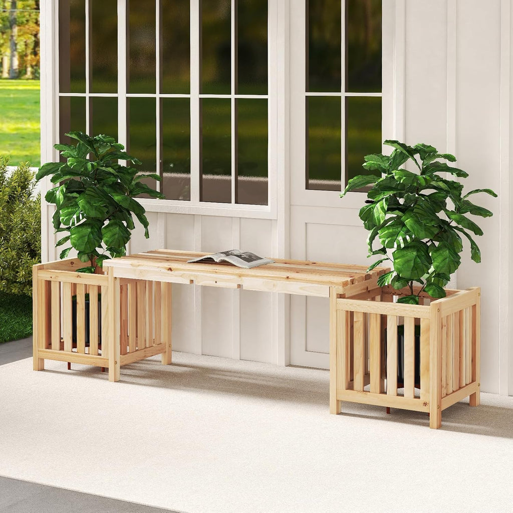 Wooden Two Person Patio Bench Side Planter Flower Box