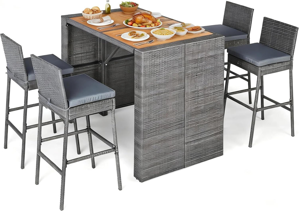 Rattan Patio Bar Table Cushioned Stools