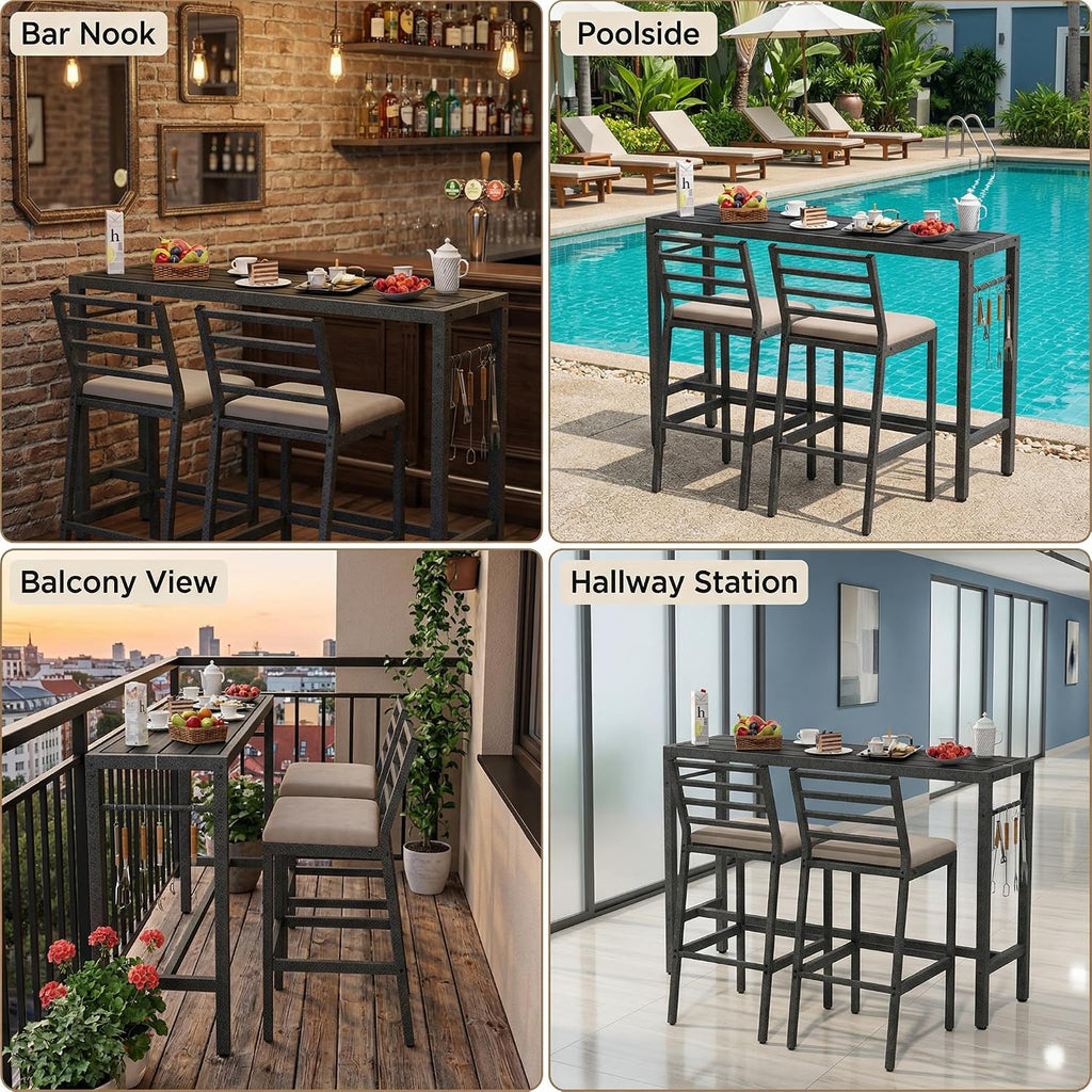 Metal Patio Bar Table Cushioned Stools