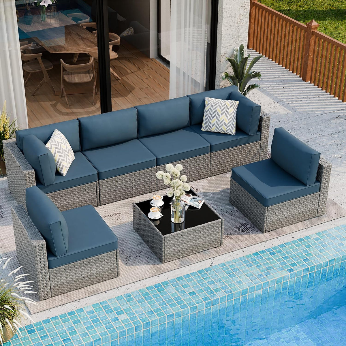 Rattan Patio Sofa Glass Coffee Table