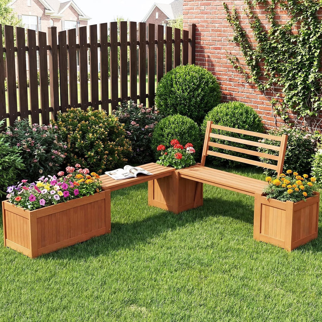 Two-In-One Wood Patio Bench Garden Planter Beds Seat