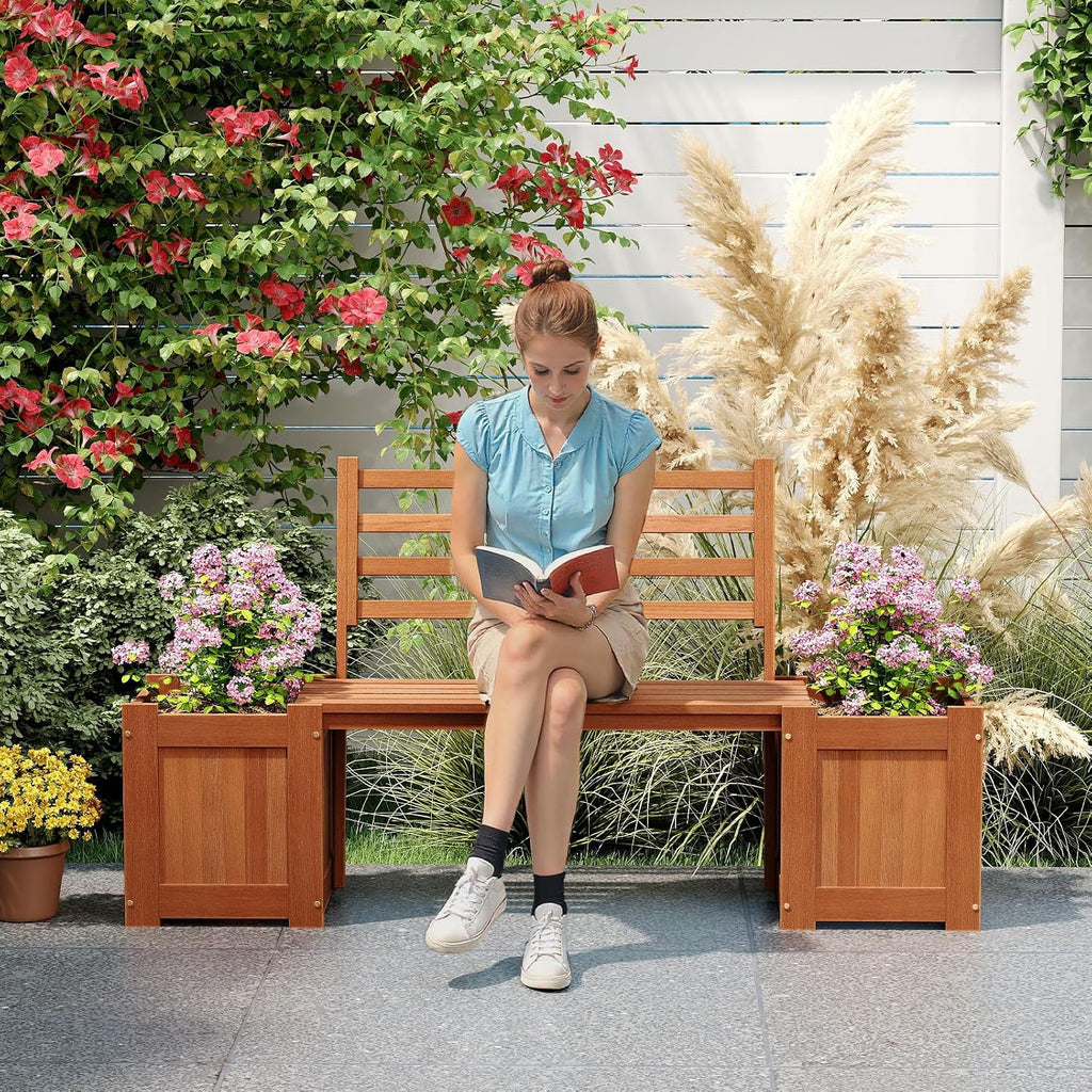 Teak Wood Patio Bench Dual Garden Planter Beds Seat