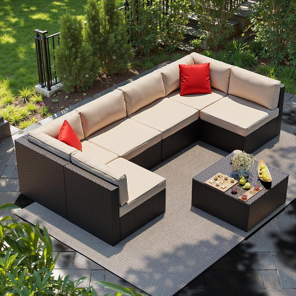 7 Piece PE Wicker Patio Sofa Ottoman Table Cushion Set