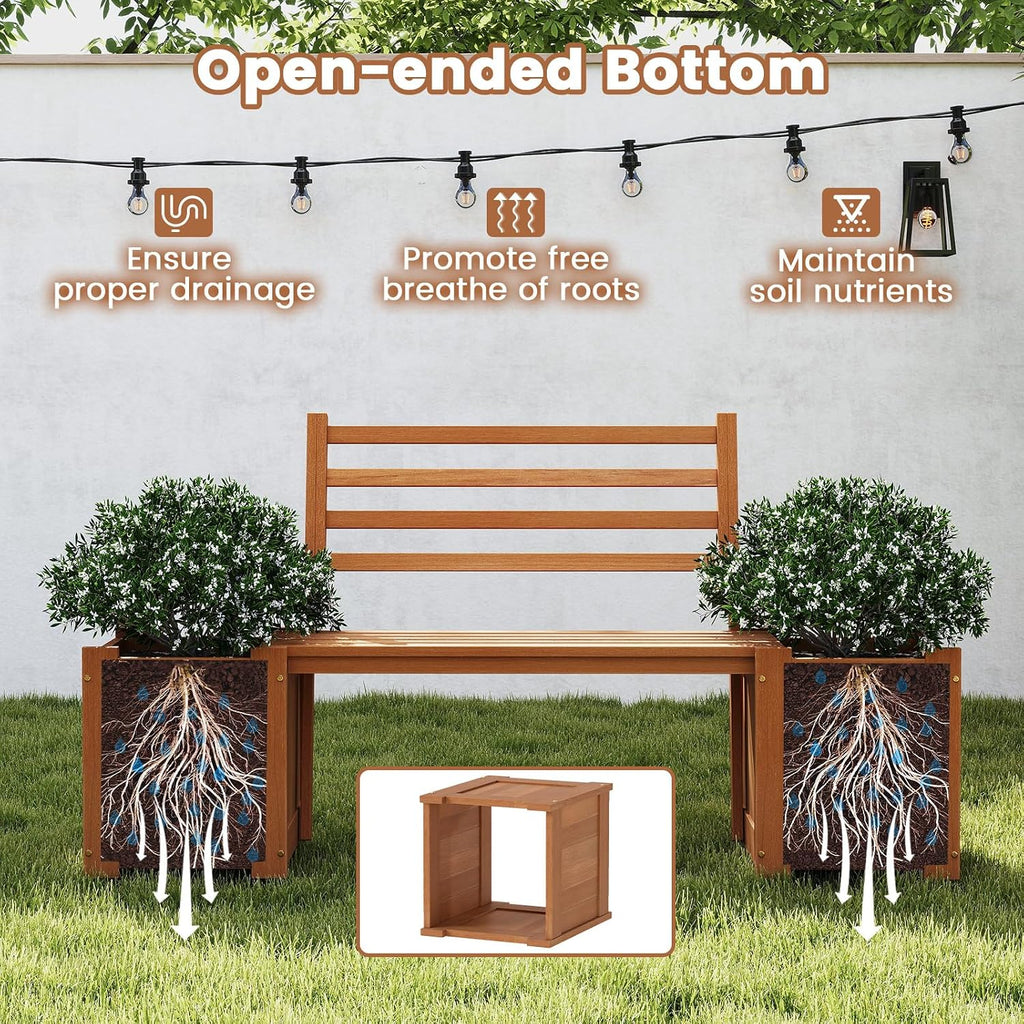Teak Wood Patio Bench Dual Garden Planter Beds Seat